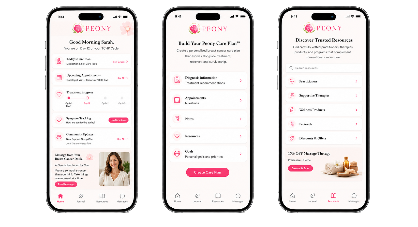 The Peony Companion App shown on three iPhones
