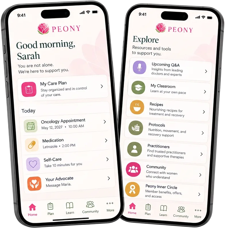 Peony breast cancer care companion app showing a personalized care plan and integrative health support on two smartphones.