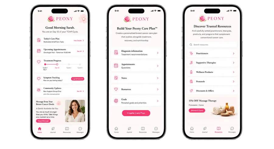 The Peony Companion App shown on three iPhones